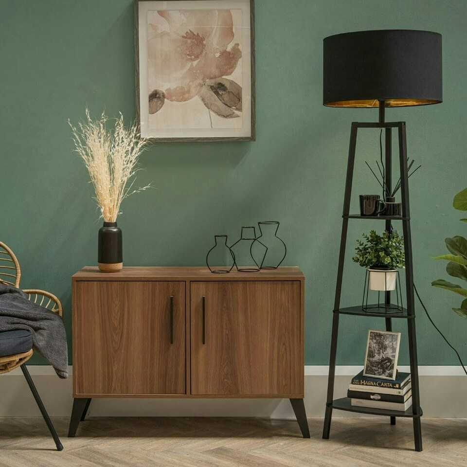 image 1 of ValueLights Hiru Painted Tripod Shelved Black Floor Lamp Base