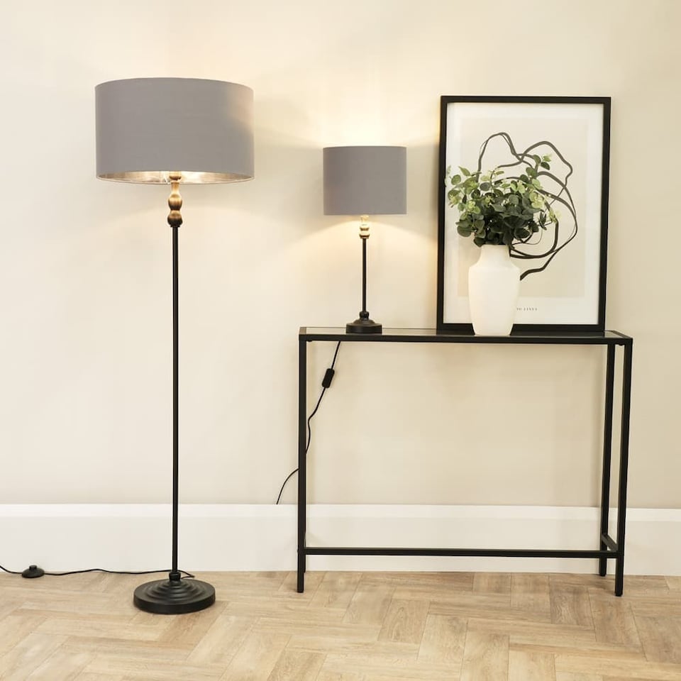 image 1 of ValueLights Maggie Black Candlestick Floor Lamp Grey Chrome Shade | Grey