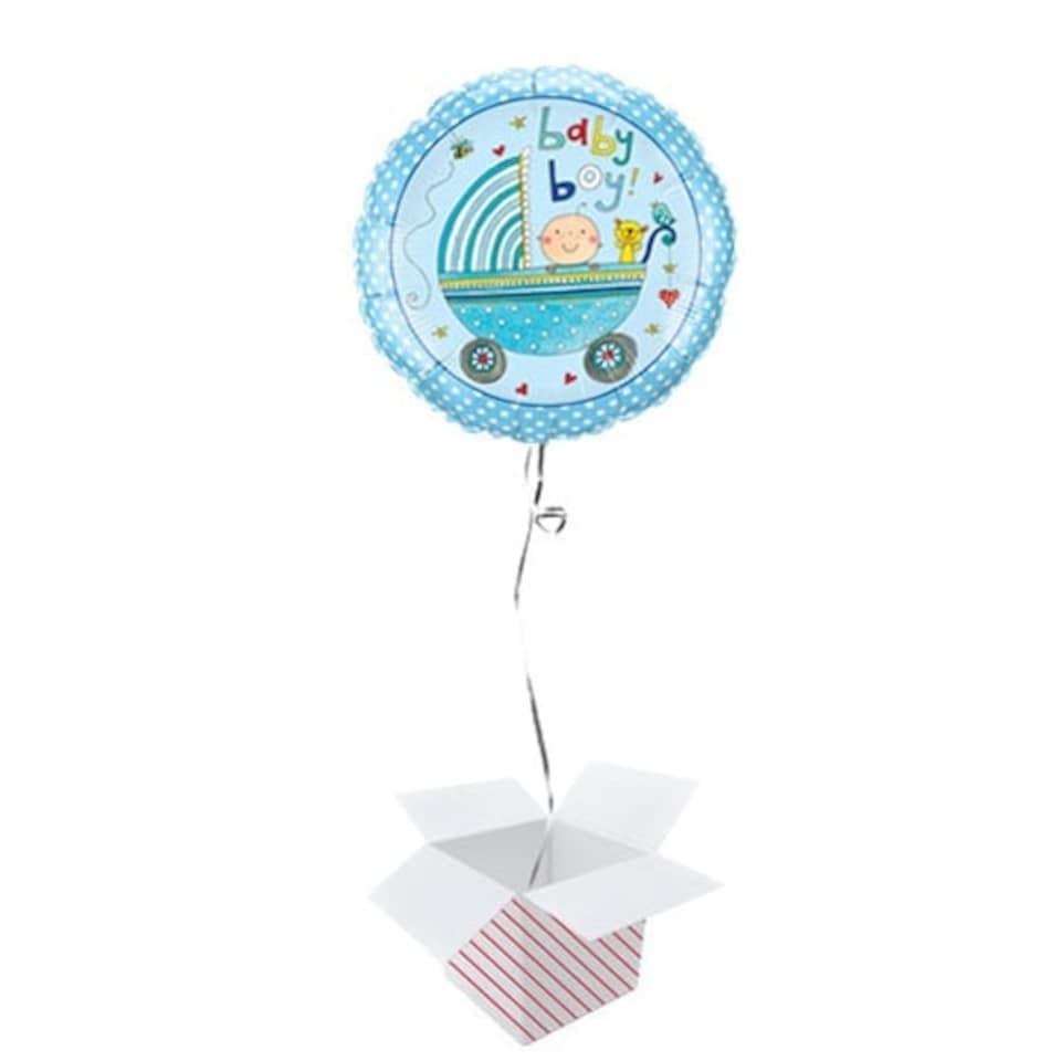 Baby Boy Stroller Round Foil Helium Qualatex Balloon - Inflated Balloon in a Box