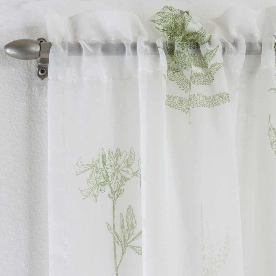 image 1 of Pair of Bracken Green Leaf Print Voile Panels 122 cm (48 inch) Rod Pocket Panels for Bedroom and Living Room