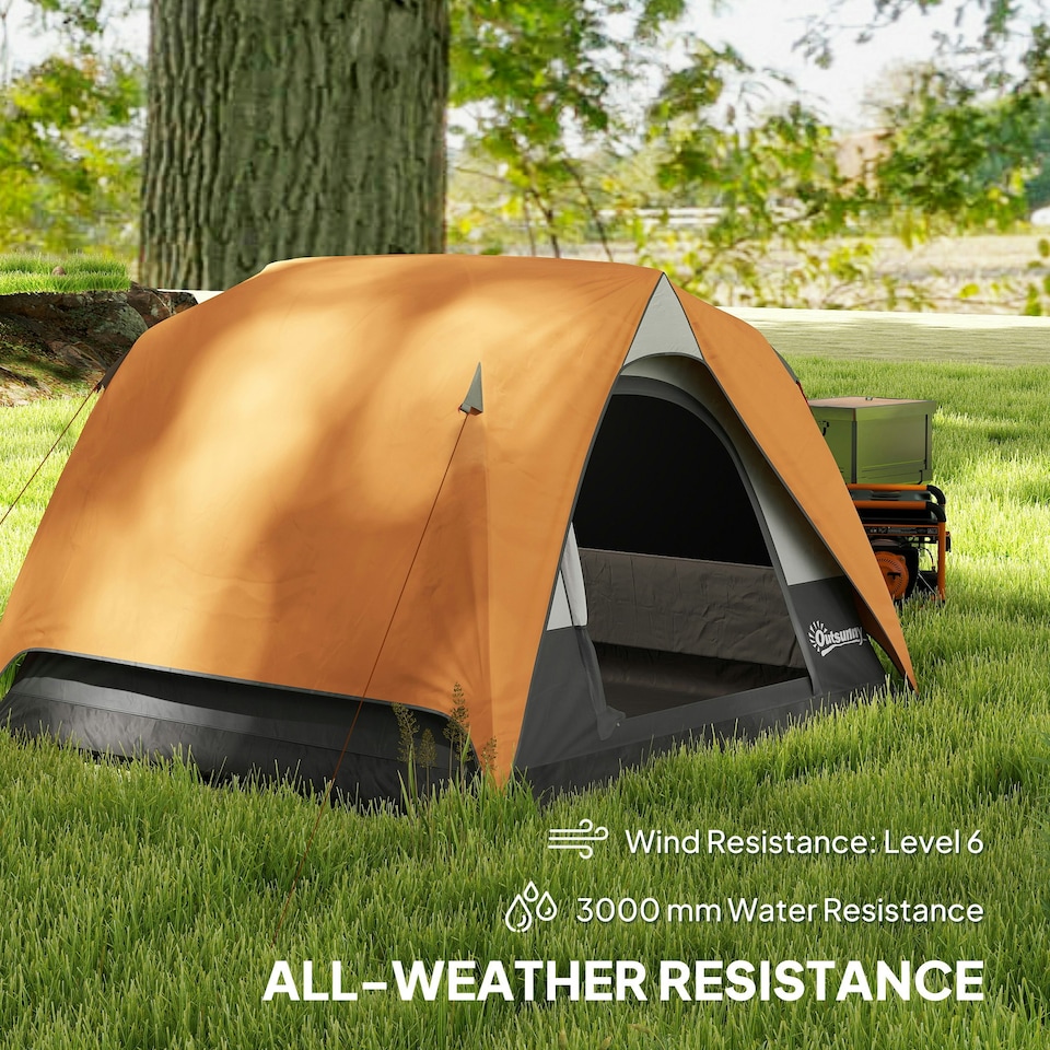 image 1 of Outsunny 3-4 Person Camping Tent, Waterproof Tent Orange | Orange, Grey