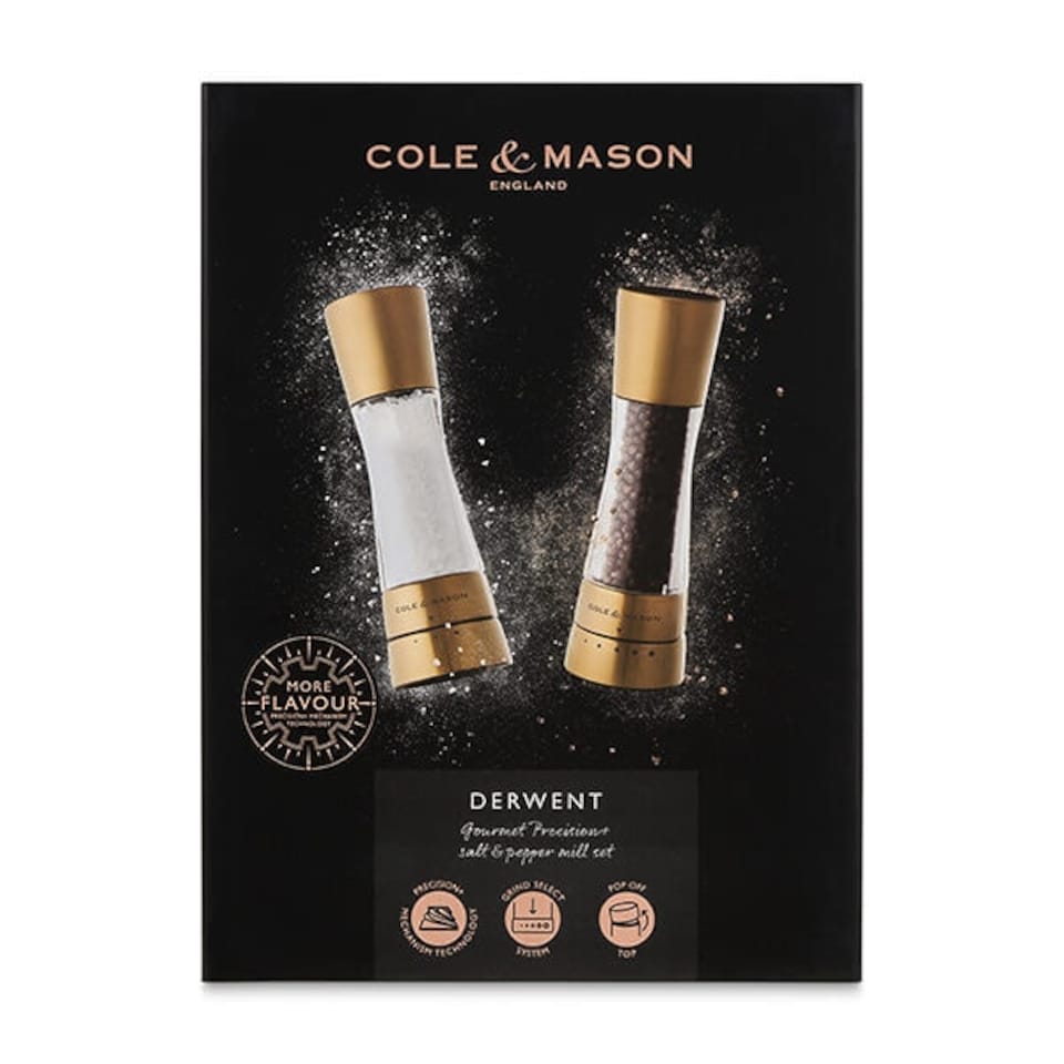 image 1 of Cole & Mason Gourmet Precision+ Derwent 190mm Clear & Matt Gold Salt & Pepper Mill Gift Set