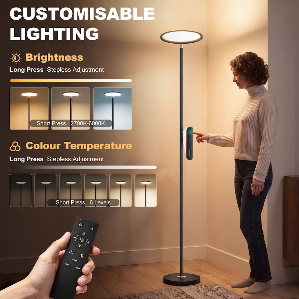 image 1 of HOMCOM Uplighter Floor Lamp with Tuya App and Music Sync for Bedroom, Black