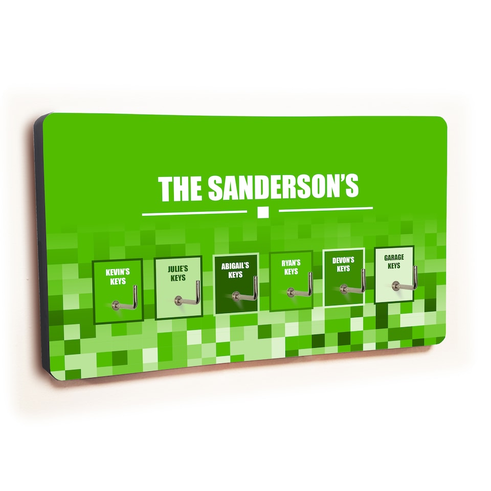 image 1 of Personalised Novelty 6 Hook Green Squares Key Holder New Home