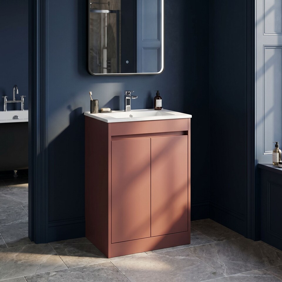 image 1 of Balterley Chartley Contemporary Floor Standing 2 Door Vanity Basin Unit, Minimalist Basin, 500mm, Smoked Red