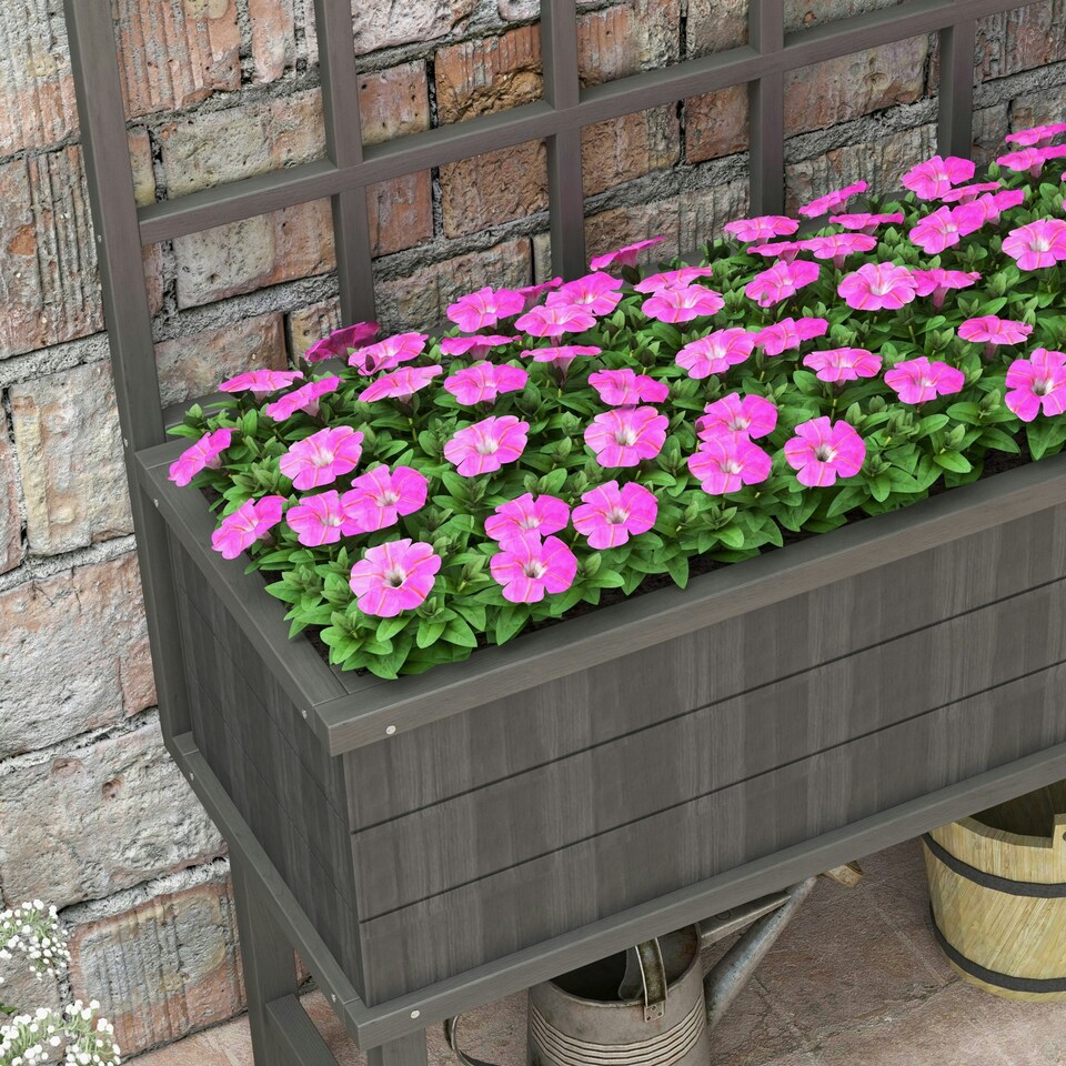 image 1 of Outsunny Wood Raised Planter w/ Trellis Drain Holes Elevated Garden Bed Grey