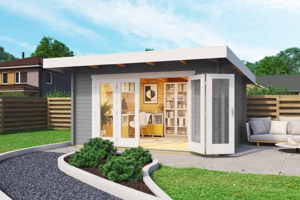 image 1 of Sussex 1 & Bifold door 2600x1957-Log Cabin, Wooden Garden Room, Timber Summerhouse, Home Office - L450 x W410 x H239.4 cm | Brown