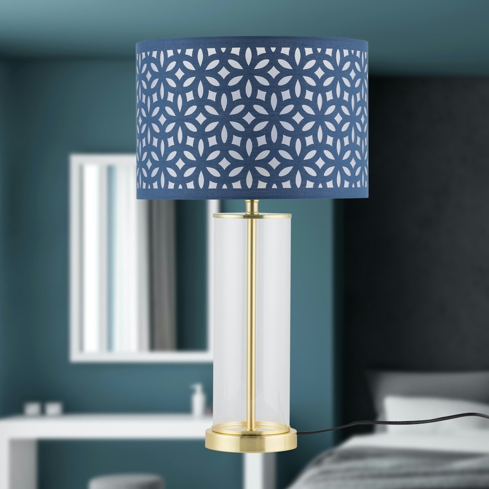 image 1 of Set of 2 Aura - Satin Brass Lamps with Navy Blue Cut Out Shades Bronze | Blue