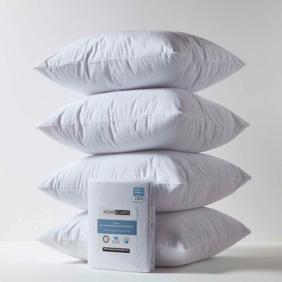 image 1 of Homescapes Terry Towelling Waterproof Pillow Protectors - 80 x 80 cm - Pack of 4 White