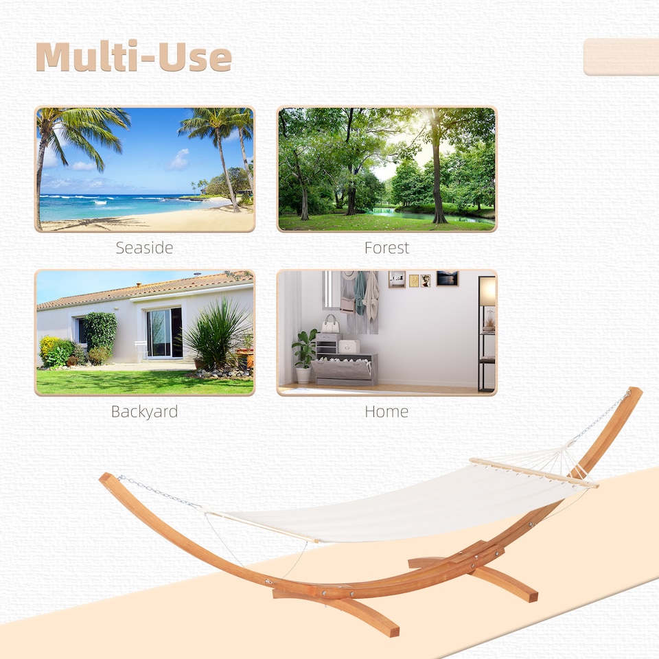 image 1 of Outsunny Outdoor Garden Hammock with Wooden Stand Swing Hanging Bed for Patio White | White
