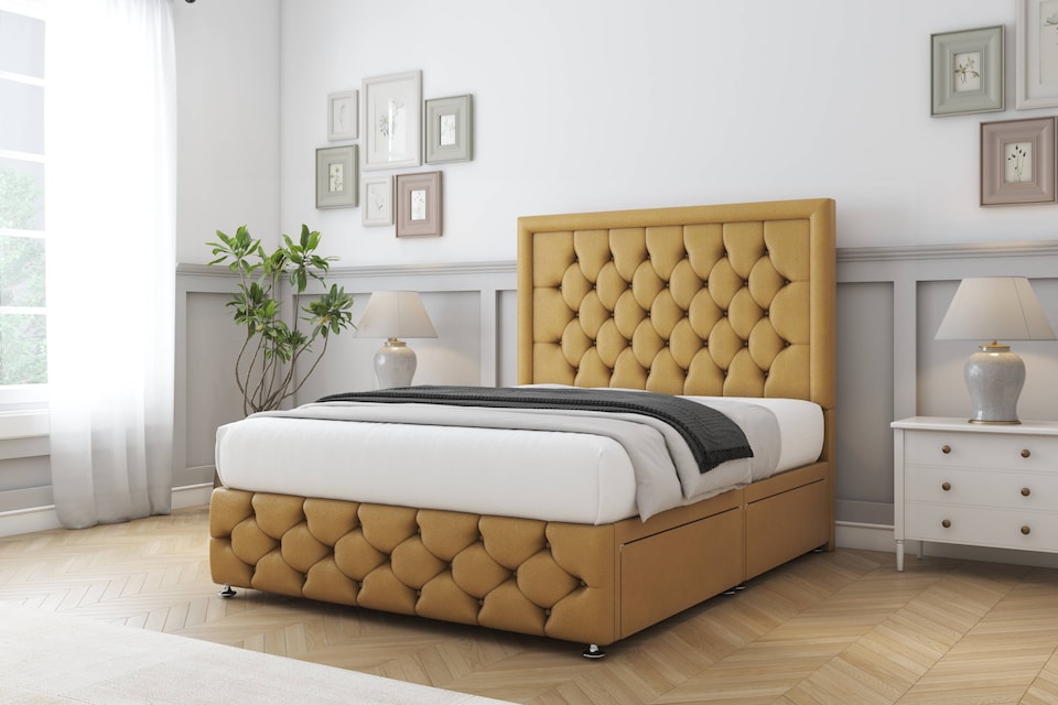 image 1 of Sloomy Vienna Mustard Plush Divan Bed Base No Drawers With 54 Inch Floor Standing Headboard & 12 Inch Matching Footboard | Gold | Mustard | Double | 1