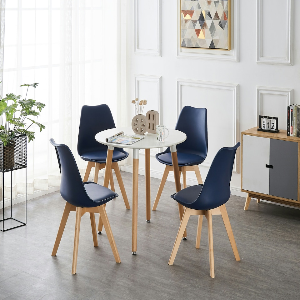 image 1 of 5PCs Dining Set - a White Round Dining Table & Set of 4 White Lorenzo Tulip chairs with Padded Seat | Blue