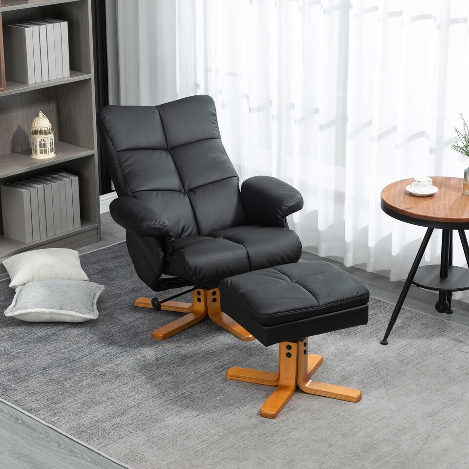 image 1 of HOMCOM PU Leather Swivel Recliner Chair with Footstool, Wooden Base and Storage for Living Room, Black