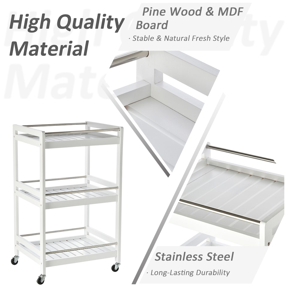 image 1 of HOMCOM 3-Tier Home Trolley Kitchen Storage Cart w Steel Bars 4 Universal Wheels Rolling Unit Organiser Living Room White