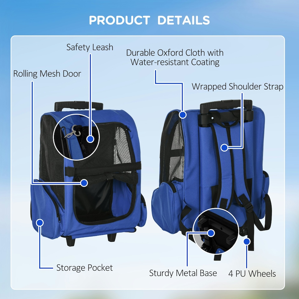 image 1 of PawHut Pet Travel Backpack Bag Cat Puppy Dog Carrier w/ Trolley and Telescopic