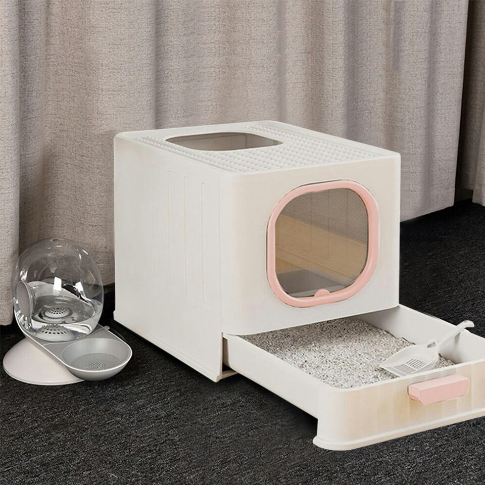 image 1 of Living and Home Enclosed Cat Litter Box with Scoop, Pink | Pink