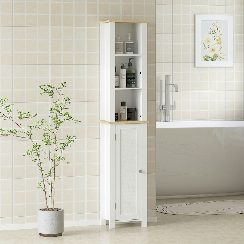 image 1 of kleankin Slim Bathroom Storage Unit with Open Compartment, White White