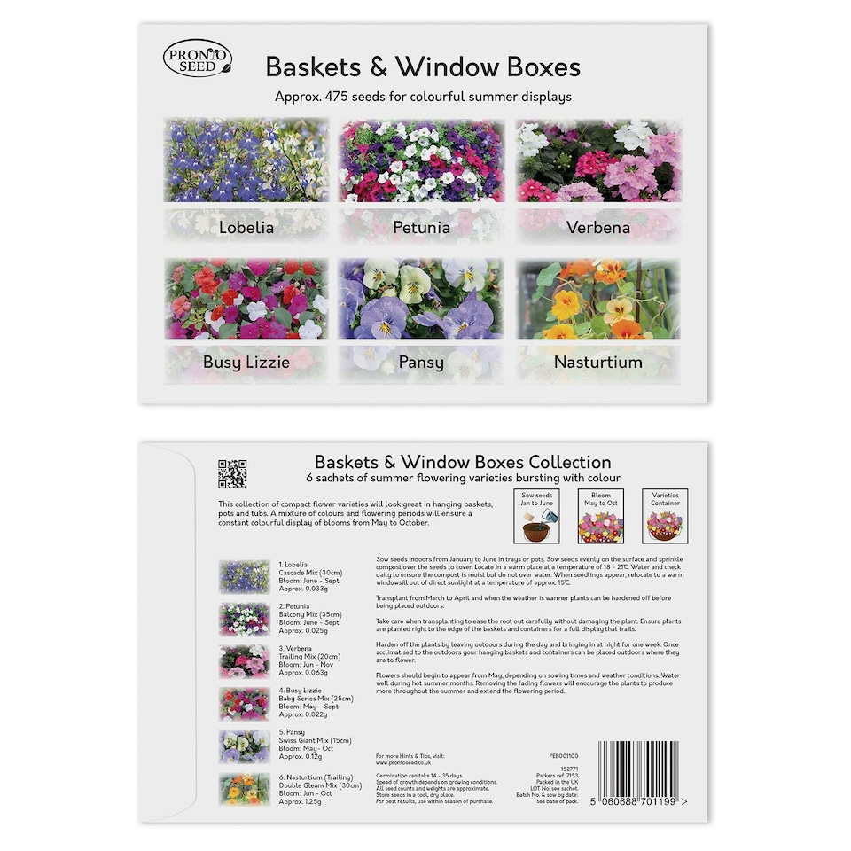 image 1 of Pronto Seed Bumper Baskets & Containers Flower Seed Variety Pack.  18 Varieties, Over 1400 Seeds