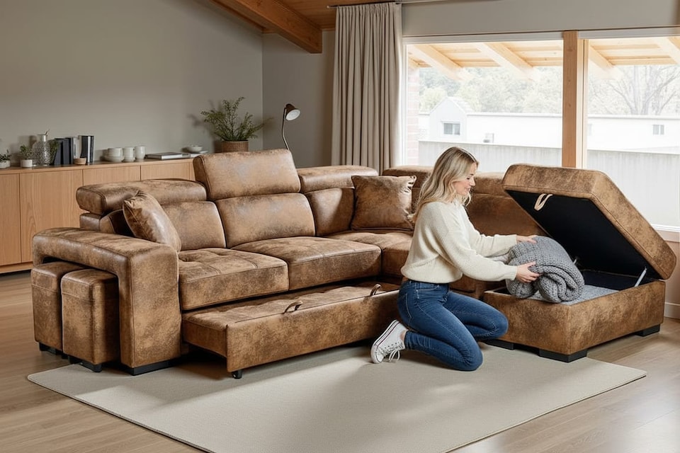 image 1 of Faux Leather Suede Brown 2C1 Corner Sofabed with Storage and Ottomans AMELIA