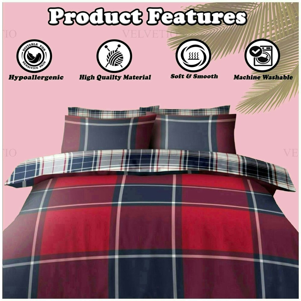image 1 of VELVETIO Wimborne Check Duvet Cover Set Reversible Polycotton Easy Care Beddings Grey | Double