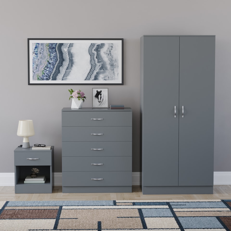 image 1 of Vida Designs Riano 3 Piece Bedroom Set (1 Drawer Bedside Chest, 5 Drawer Chest, 2 Door Wardrobe) Grey (4)