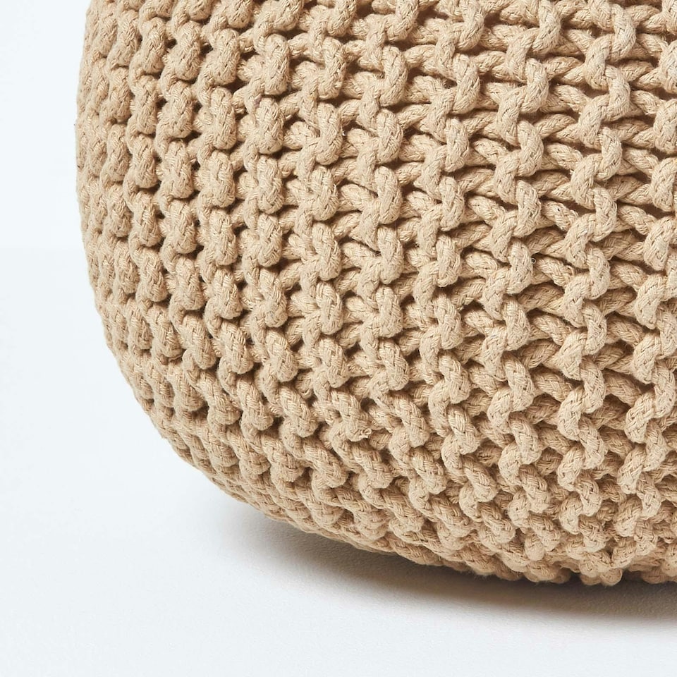 image 1 of Homescapes Linen Round Cotton Knitted Pouffe Footstool - 35 x 40 cm