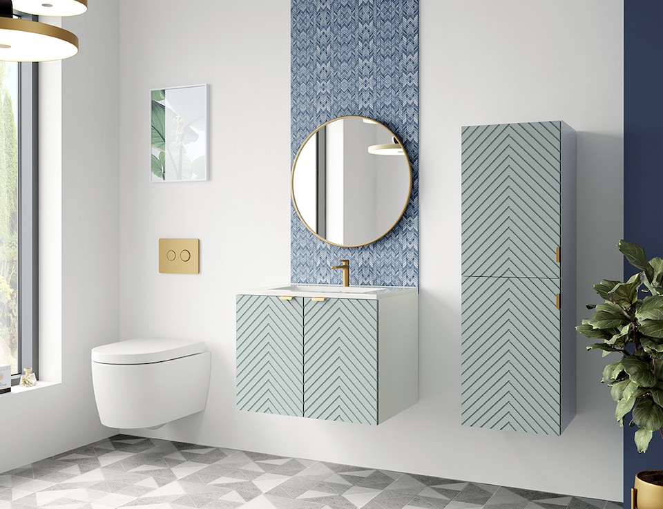 image 1 of Wall Hung Bathroom Cabinets Furniture Set Green 600mm Vanity Sink Unit with Basin and Tallboy Ribbed Fluted Cara