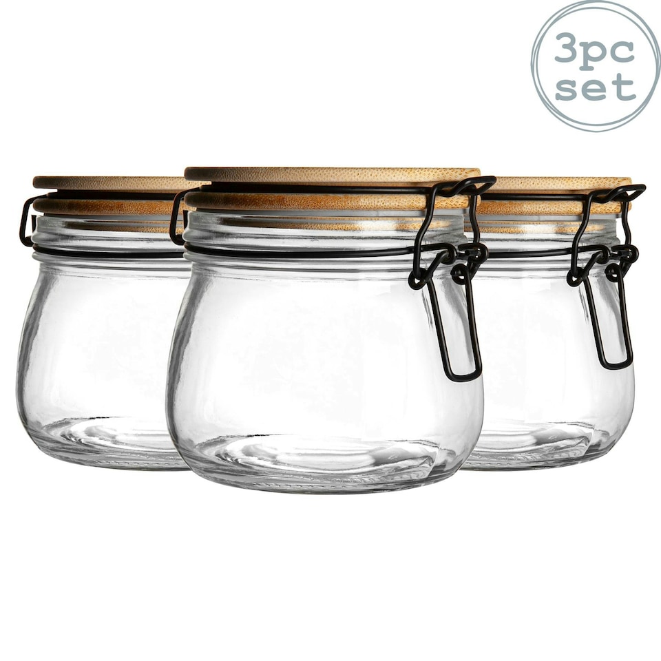 image 1 of Argon Tableware Wooden Clip Lid Storage Jars - 500ml - Clear Seal - Pack of 3