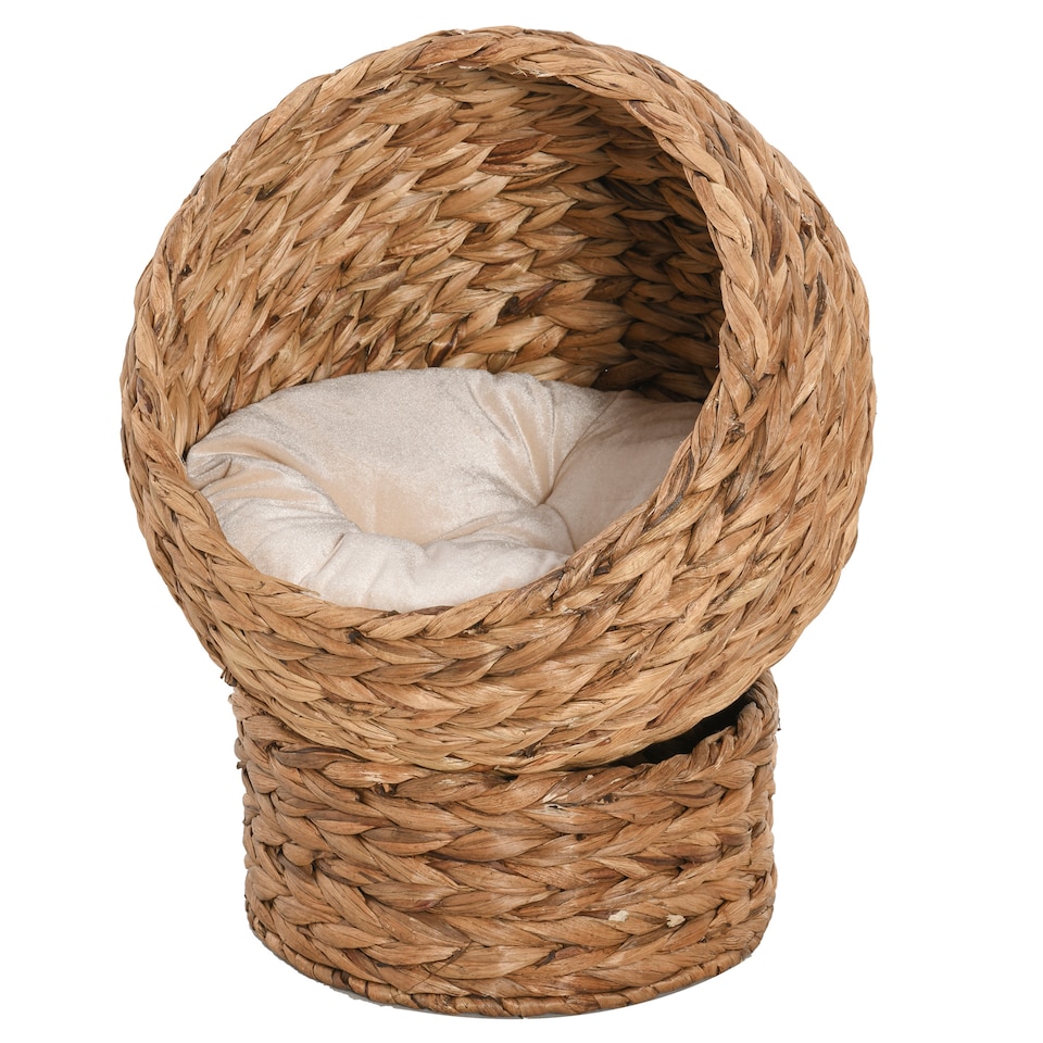 image 1 of PawHut Elevated Kitten Hooded Rattan Cat House Basket Cushion, 52x42x60cm Brown