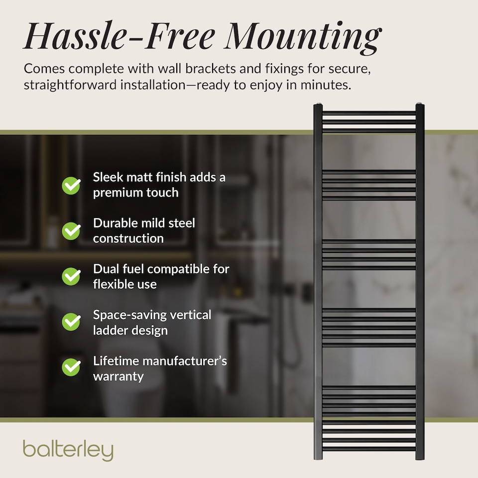 image 1 of Straight Heated Towel Rail Radiator, 906W, 500 x 1600mm, Matt Black | Black | Matt Black