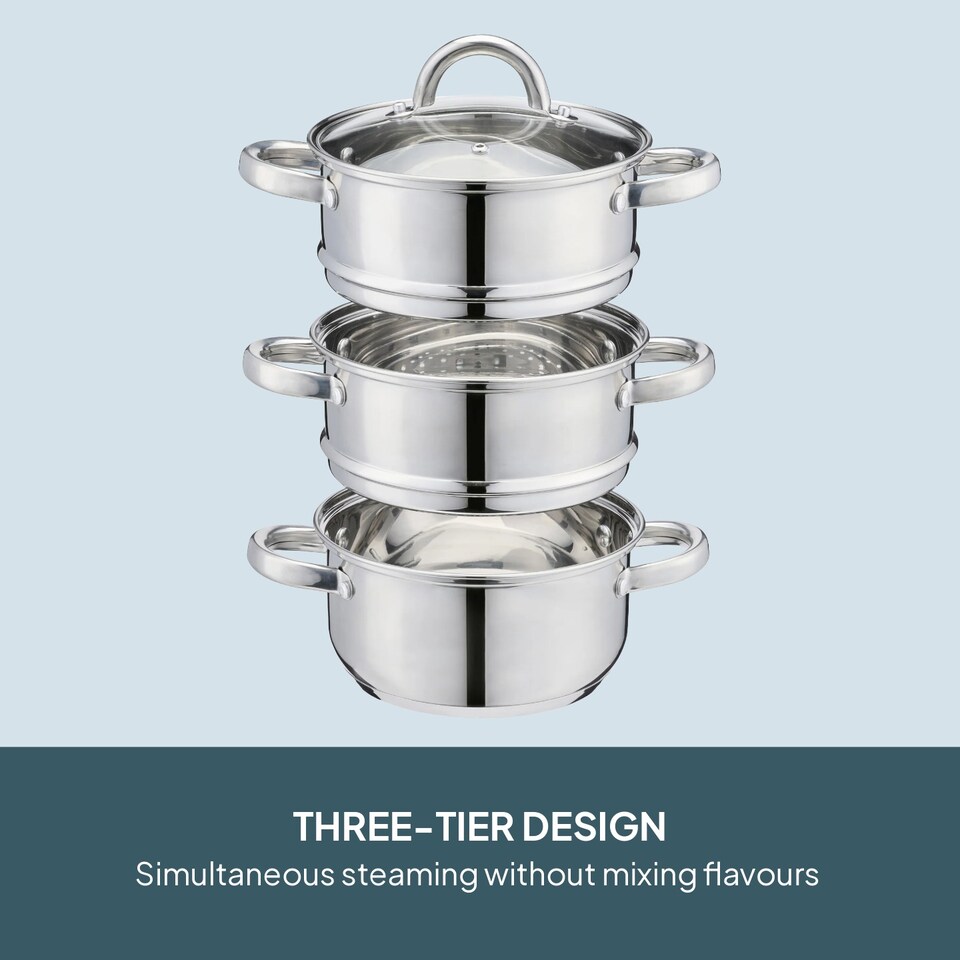 image 1 of Cooks Professional 3 Tier Stainless Steel Steamer Pan - Suitable for All Hobs | Silver | 1