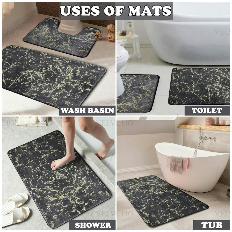 image 1 of VELVETIO Glitter Bath Mat Set Non Slip Water Absorbent Toilet Rugs Grey