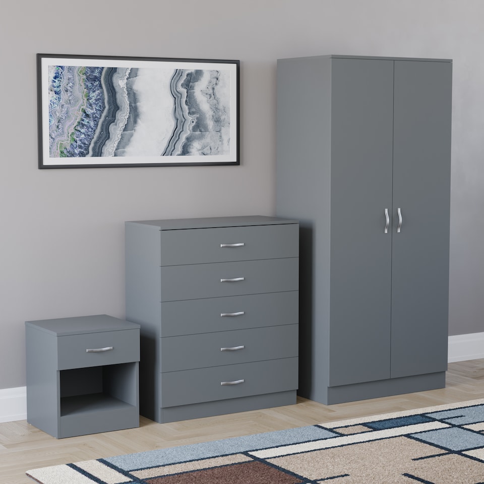 image 1 of Vida Designs Riano 3 Piece Bedroom Set (1 Drawer Bedside Chest, 5 Drawer Chest, 2 Door Wardrobe) Grey (4)