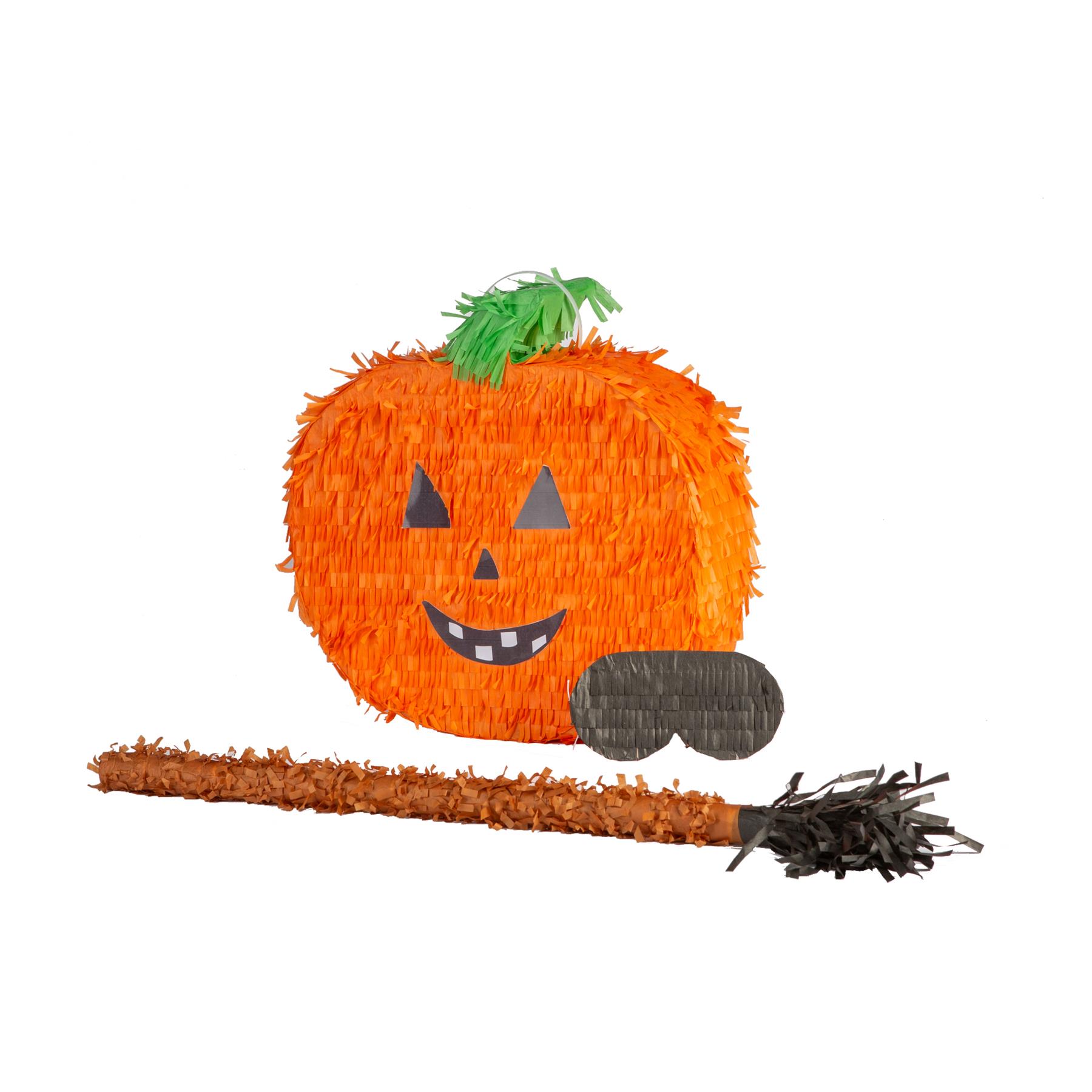 Pinatas Halloween Pumpkin Cardboard Pinata, Stick and Blindfold Set - W35cm x D10cm x H35.5cm - Orange