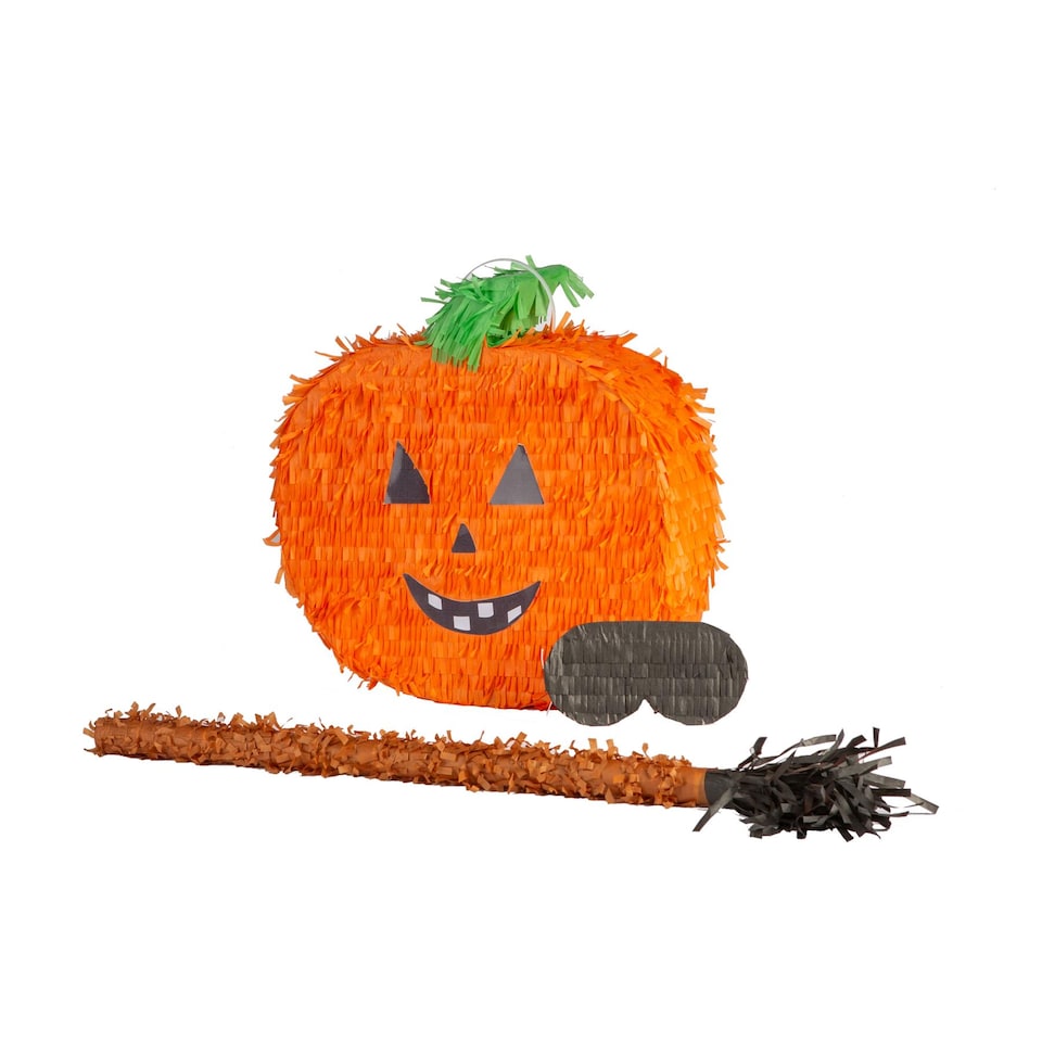 image 1 of Pinatas Halloween Pumpkin Cardboard Pinata, Stick and Blindfold Set - W35cm x D10cm x H35.5cm - Orange