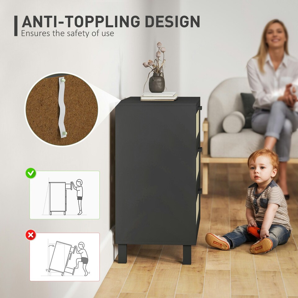 image 1 of HOMCOM 3 Drawer Cabinet Storage Cupboard Sideboard Organiser, Black Black | Nature Wood Finish