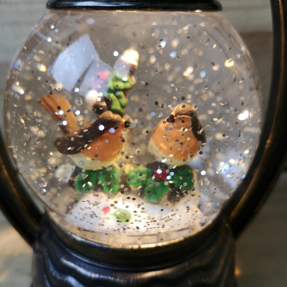 image 1 of 27cm Snowtime Christmas Water Spinner Antique Effect Lantern 2 Robins Scene Dual Powered