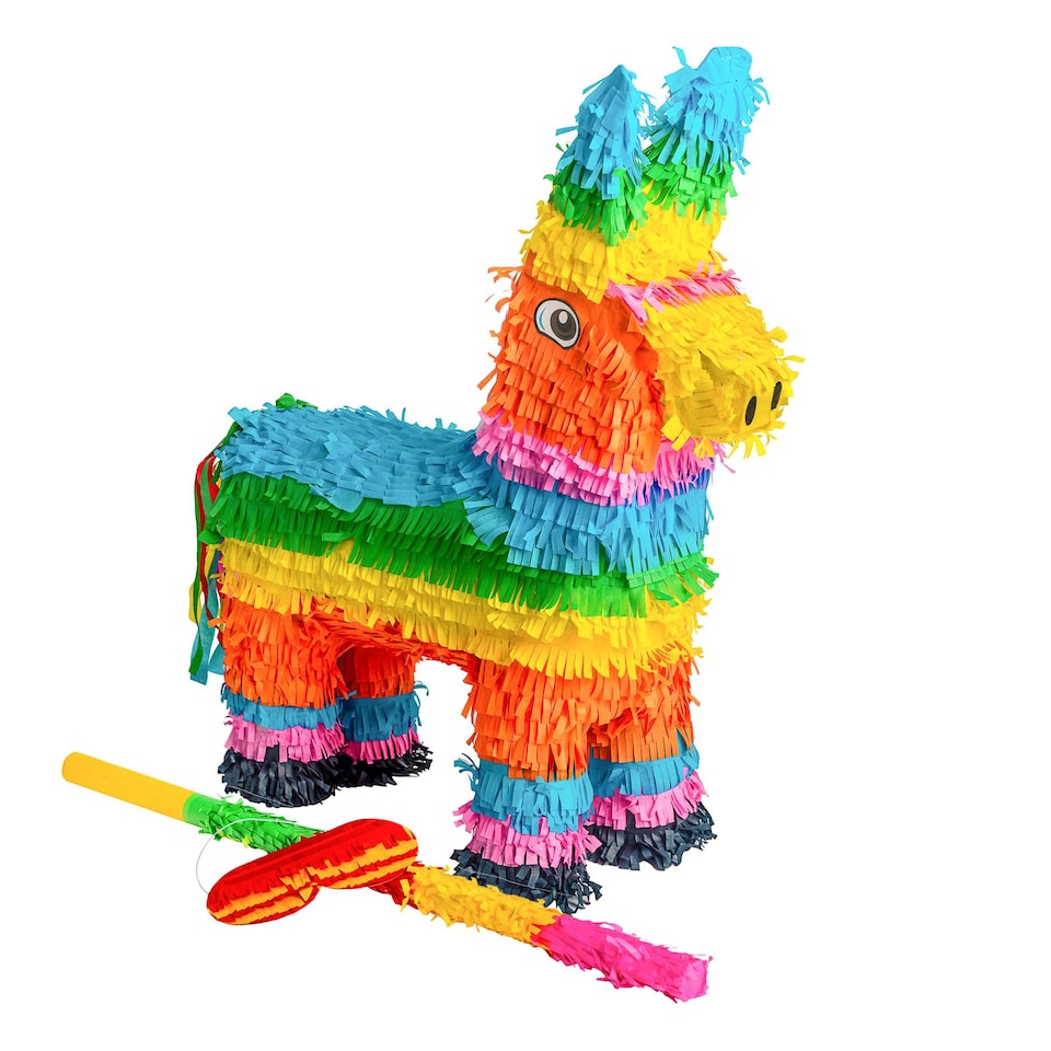 image 1 of Pinatas Donkey Cardboard Pinata, Stick and Blindfold Set - W40cm x D13cm x H55cm - Multi