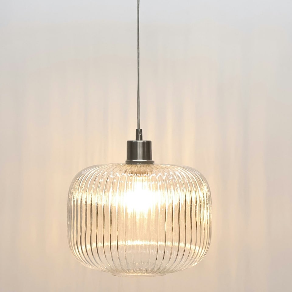 image 1 of First Choice Lighting Batley Large Clear Ribbed Glass with Satin Nickel Pendant Fitting Silver | Clear