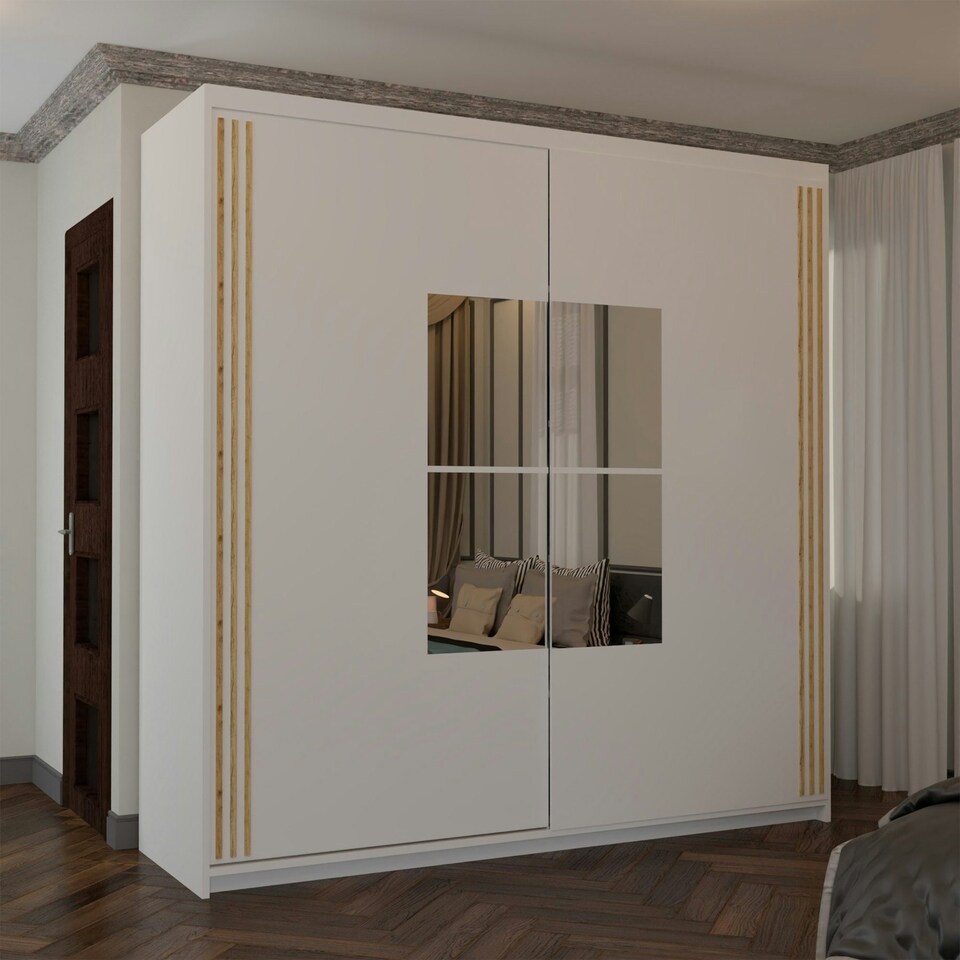 image 1 of Modern Sliding Door Wardrobe with Square Mirror - 150/203cm | White/Black/Grey Bedroom Storage White | 203cm