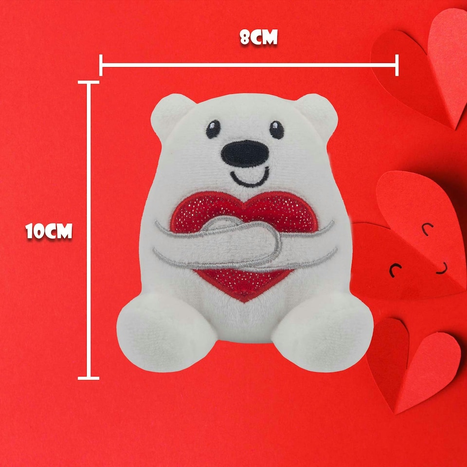 image 1 of Valentines Love Bear Soft Toy Hugging Shiny Heart Cute Plush Cuddly 10cm White