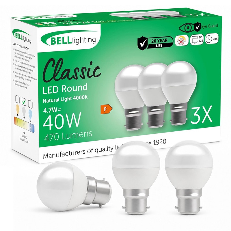 BELL Lighting B22 LED Golf Ball Bulb 4.7W Non-Dimmable 470lm Natural White 4000K | Size: Pack of 3