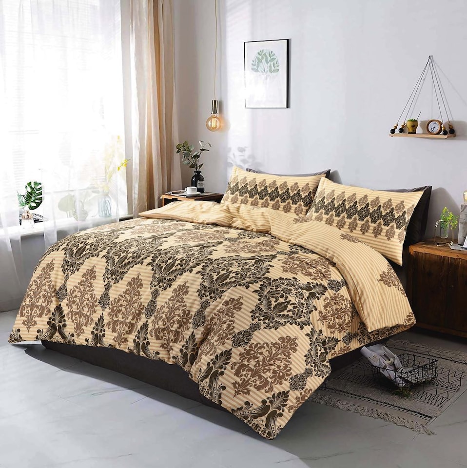 image 1 of Homes Linen Natural Tanya Floral Print Reversible Duvet Cover Set with Pillowcases Stripe Quilt Bedding Set | Clear | Natural | Double