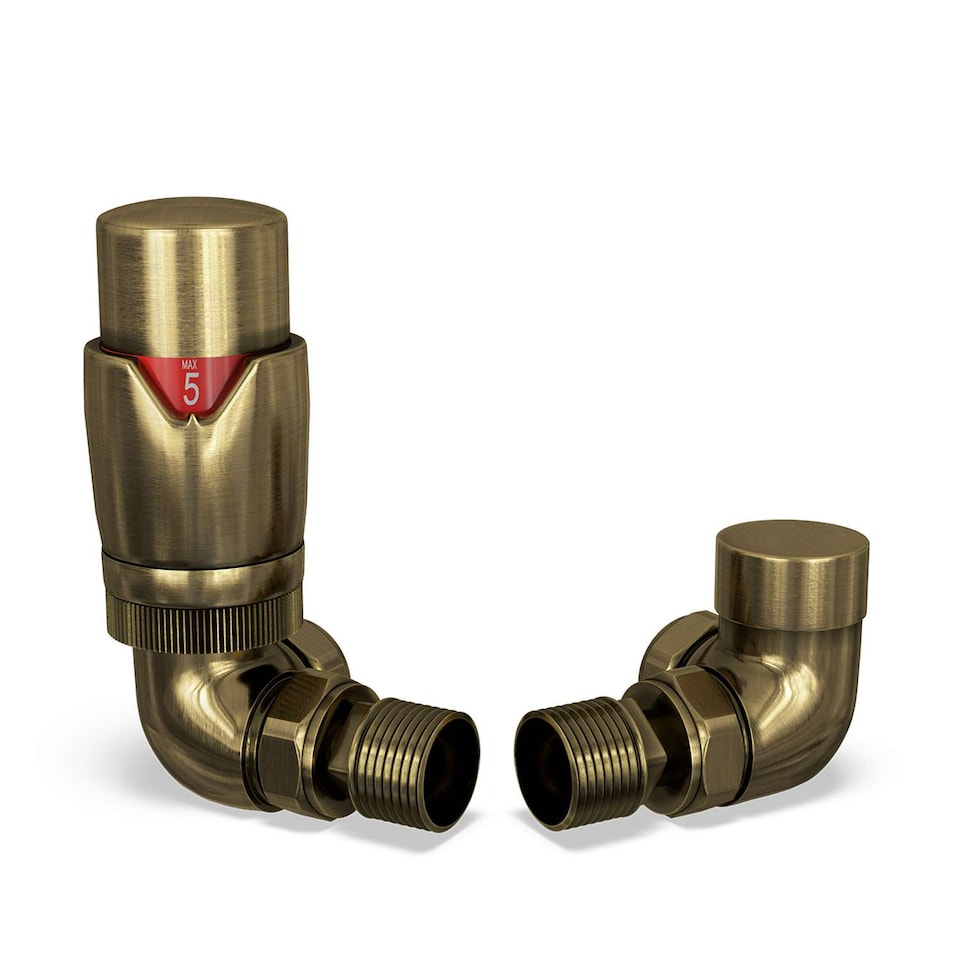 image 1 of Stirling Bold - Antique Brass Thermostatic Radiator Valve & Lockshield Corner 10mm