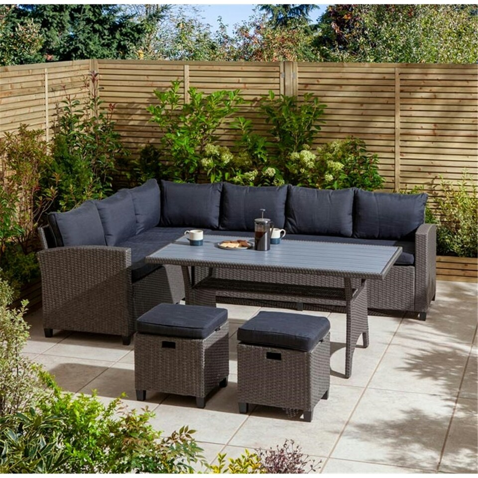 image 1 of 8 Seater Grey & Blue Cushion Corner Dining Set - With Stools