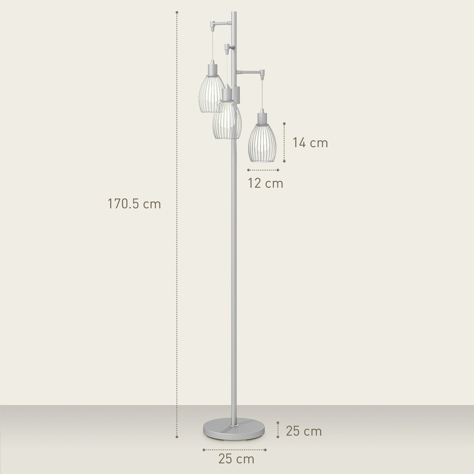 image 1 of HOMCOM Industrial 3-Light Floor Lamp Dimmable Standing Lamp, Silver Silver