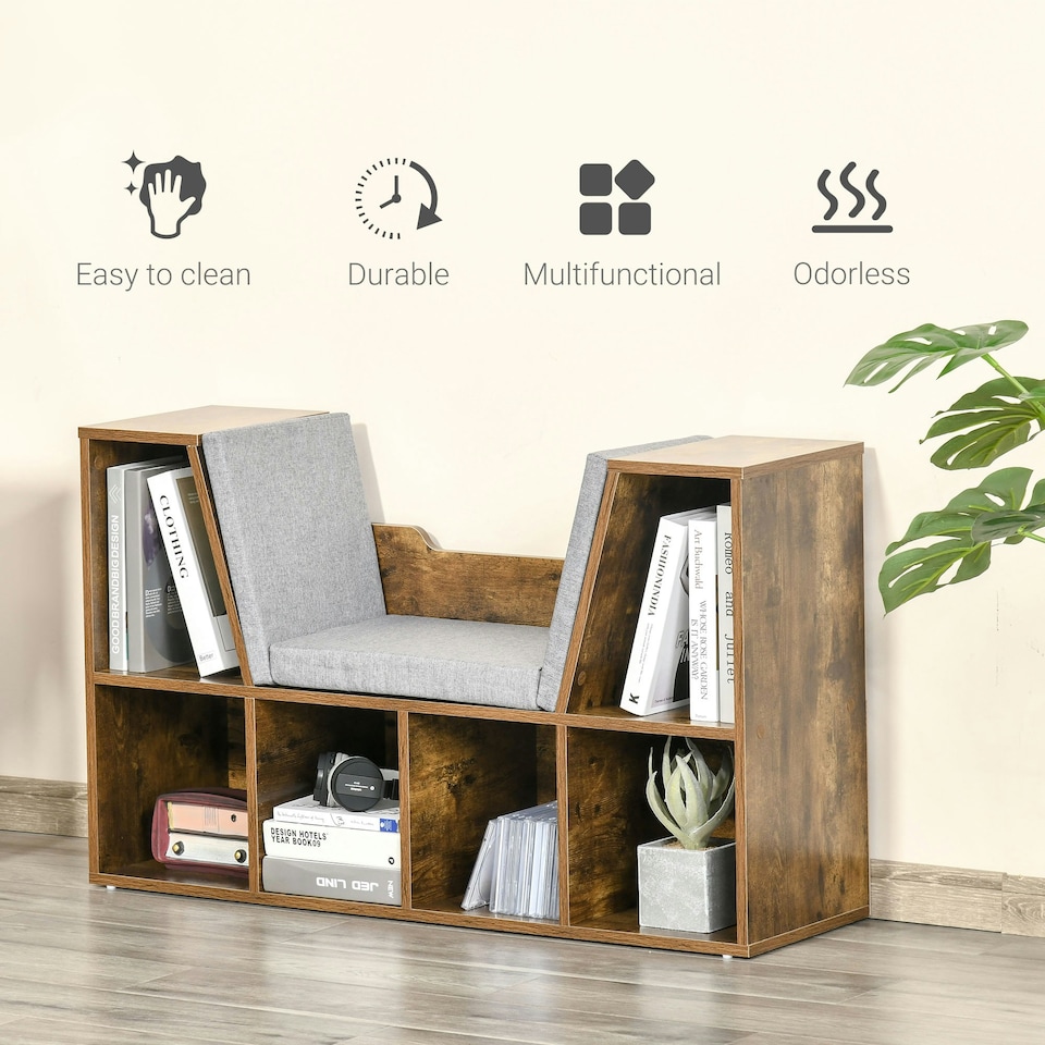 image 1 of HOMCOM Cube Bookshelf Organizer with Reading Seat, Six Cubes, Brown