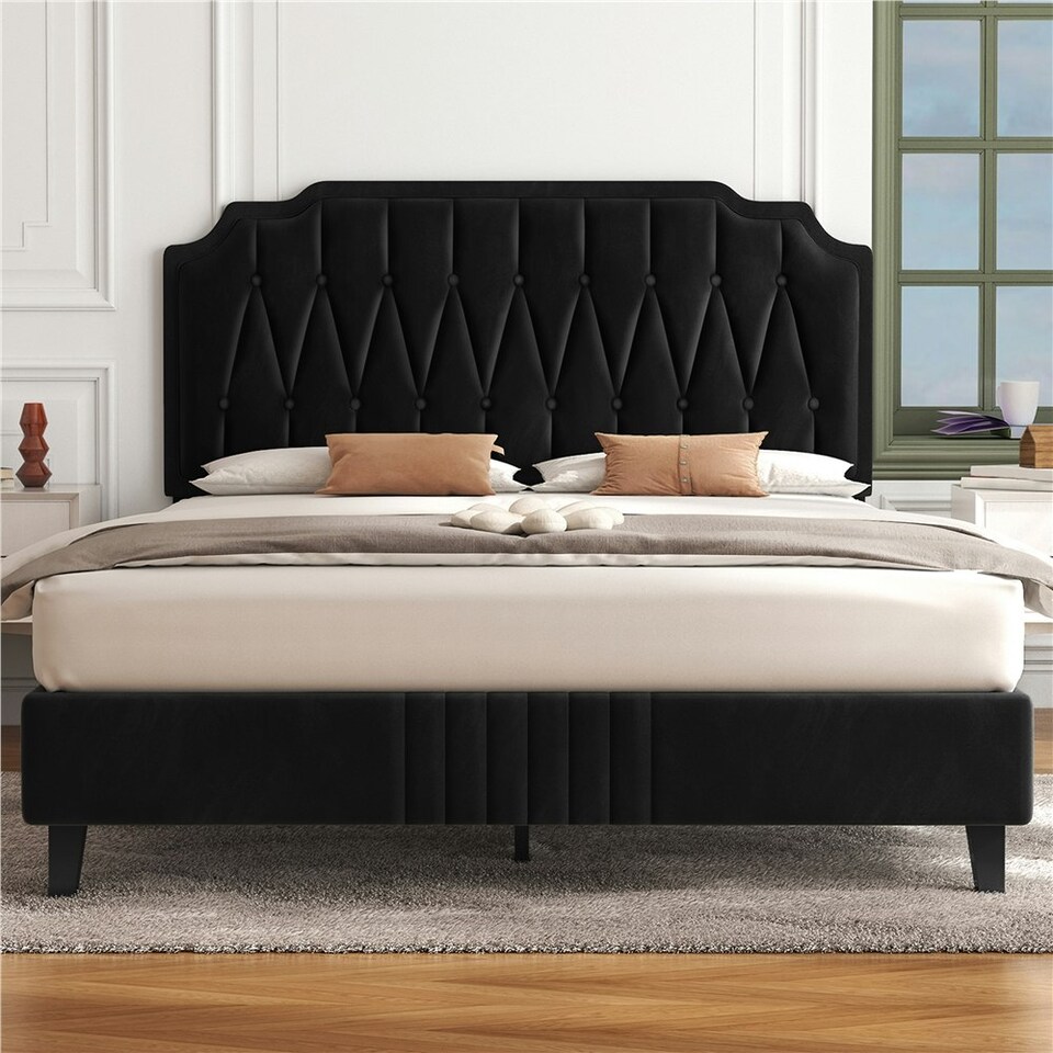 image 1 of Yaheetech 5ft King Upholstered Bed Frame with Button-Tufted Headboard Black
