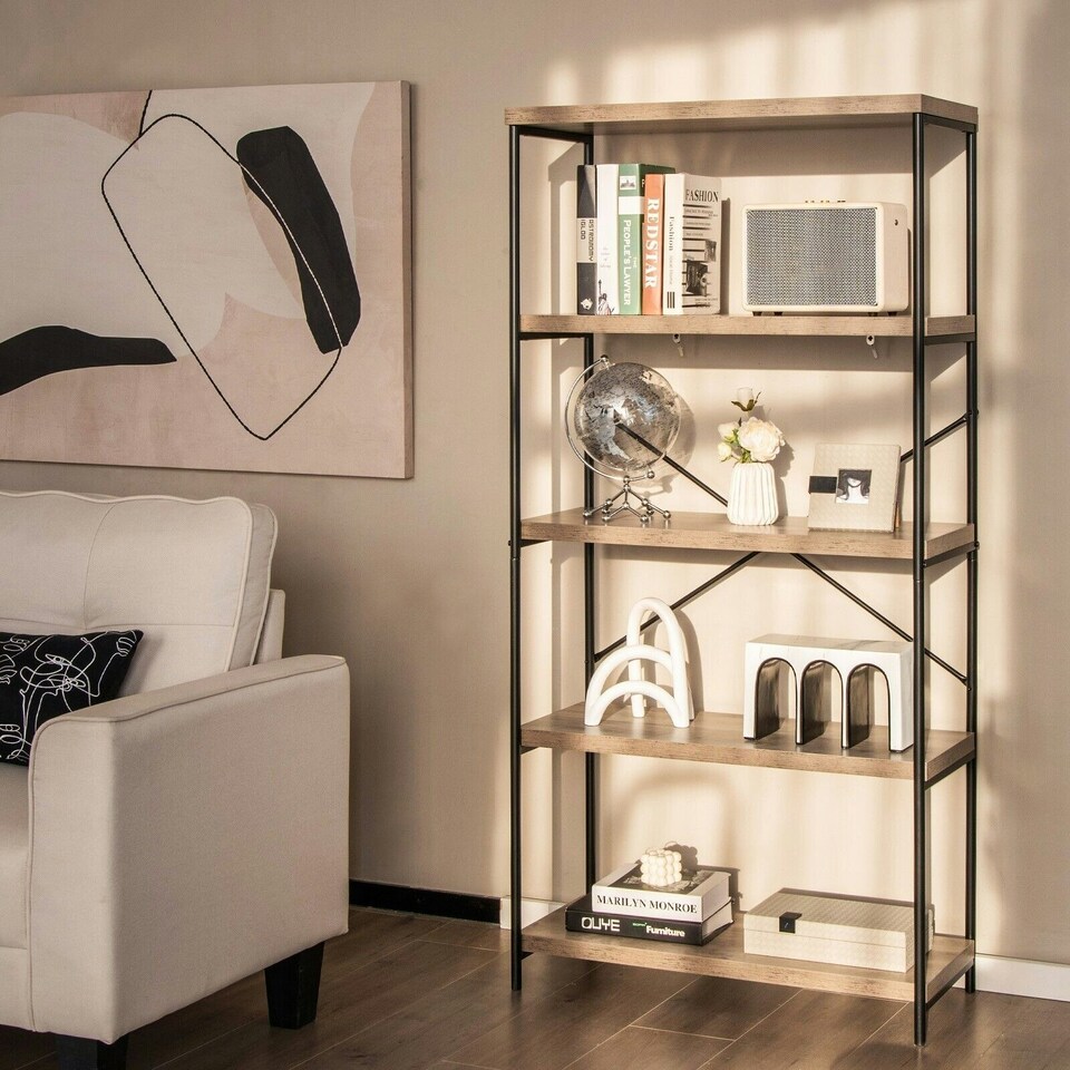 image 1 of COSTWAY 5-Tier Bookshelf Wood Bookcase Display Rack Grey Grey