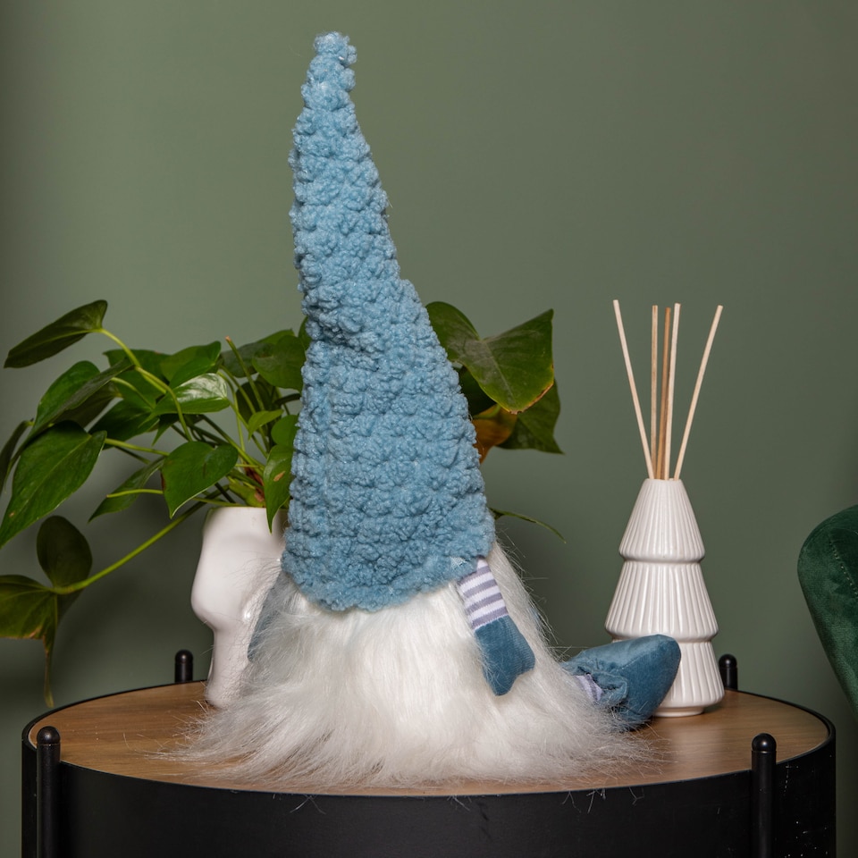 image 1 of 53cm Blue Sitting Christmas Gonk Decoration with Knitted Hat and Dangly Legs